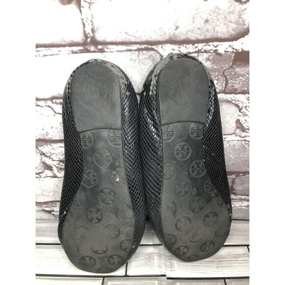 Tory Burch Reva Gold Logo Black Leather Snake Skin Ballet Flats Women Sz 7.5M US - Picture 13 of 16